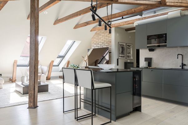 Interior, Kitchen, Pendant Lights, Stone Walls, Wooden Beams, Wood Texture Flooring
