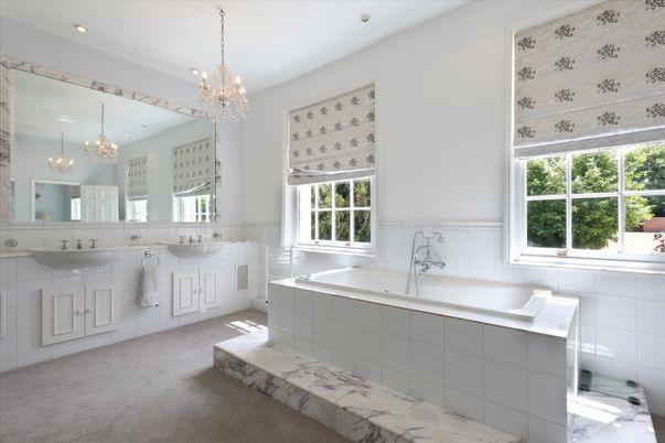 Bathroom, Chandelier, Dual Sink Vanities, Interior, Recessed Lighting