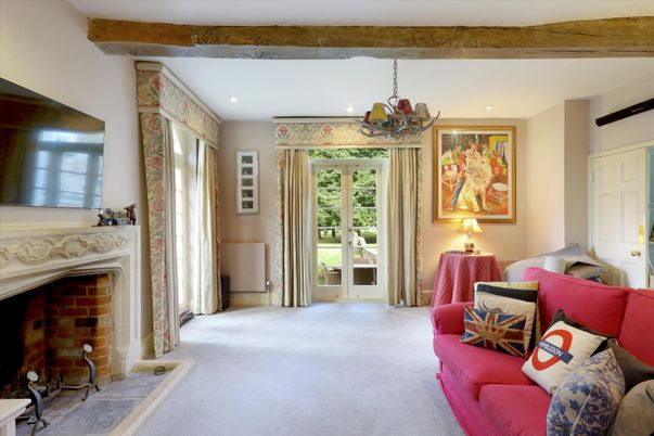 Chandelier, Fireplace, Interior, Living room, Recessed Lighting, Wooden Beams