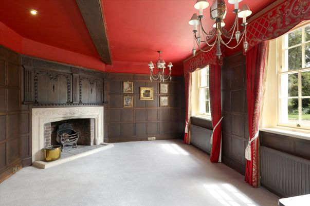 Chandelier, Empty room, Fireplace, Interior, Recessed Lighting, Wooden Beams