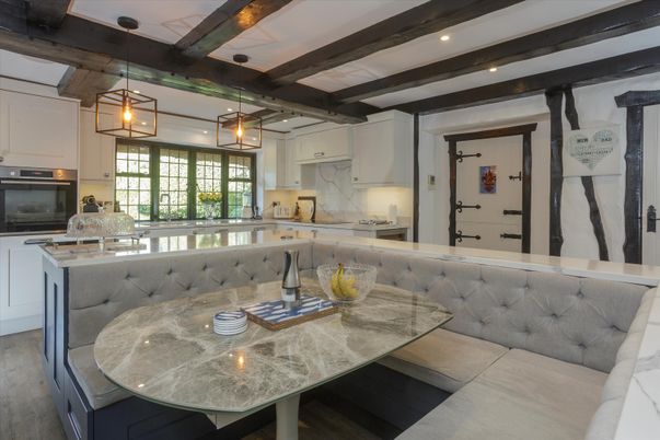 Dining room, Interior, Kitchen, Pendant Lights, Recessed Lighting, Stainless Steel Appliances, Wooden Beams