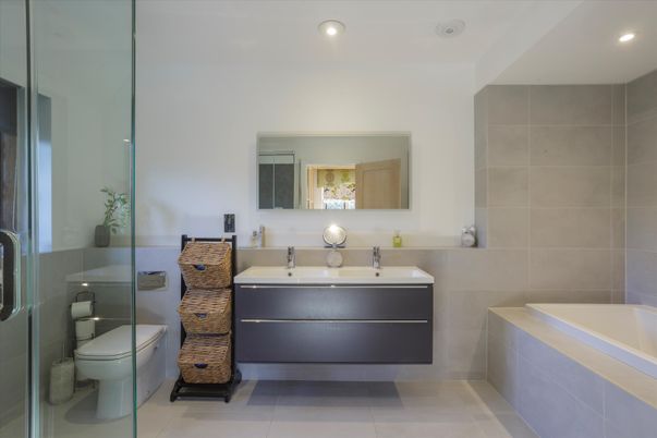 Bathroom, Dual Sink Vanities, Glass Shower, Interior, Recessed Lighting