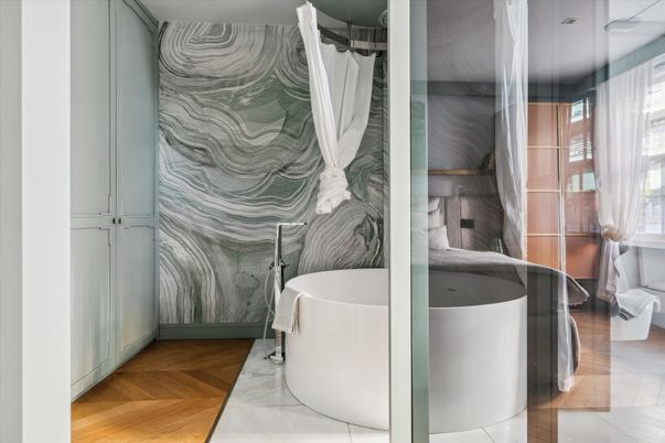 Bathroom, Free Standing Baths, Interior, Marble, Wood Texture Flooring