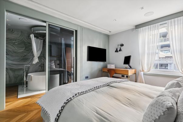 Bedroom, Interior, Recessed Lighting, Wood Texture Flooring