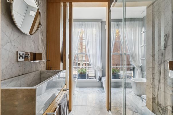 Bathroom, Free Standing Baths, Glass Shower, Interior, Marble, Marble Walls, Pendant Lights