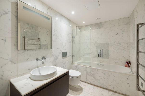 Bathroom, Glass Shower, Interior, Marble, Marble Walls, Recessed Lighting