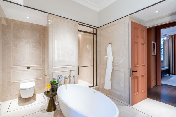 Bathroom, Free Standing Baths, Glass Shower, Interior, Recessed Lighting, Wood Texture Flooring