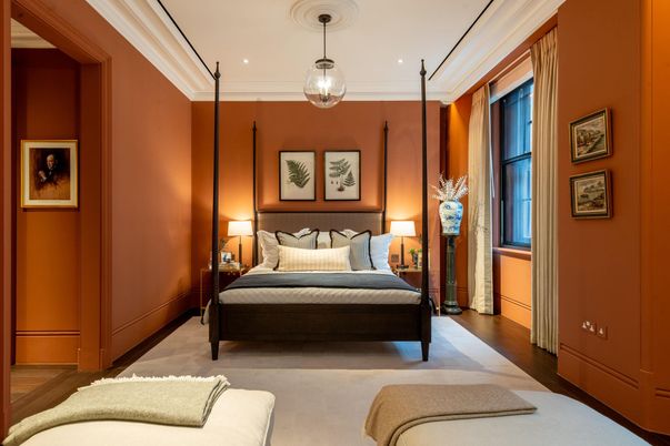 Bedroom, Interior, Pendant Lights, Recessed Lighting, Wood Texture Flooring