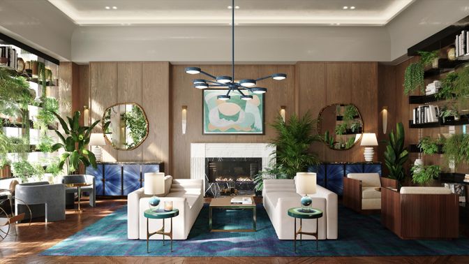 Fireplace, Interior, Living room, Pendant Lights, Recessed Lighting, Wood Texture Flooring