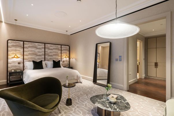 Bedroom, Interior, Pendant Lights, Recessed Lighting, Wood Texture Flooring