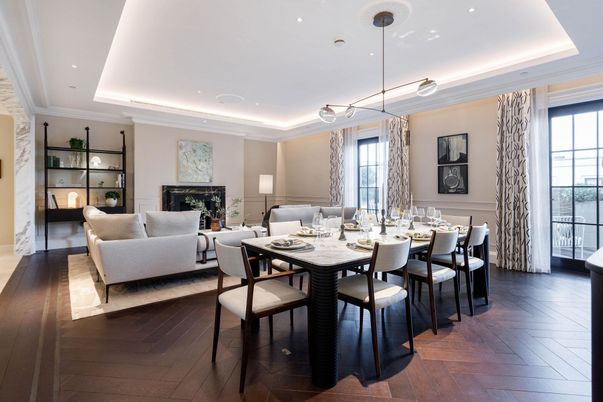 Dining room, Fireplace, Interior, Living room, Pendant Lights, Recessed Lighting, Wood Texture Flooring
