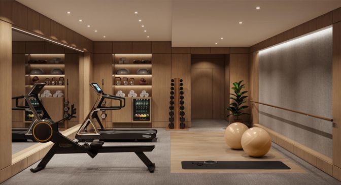 Fitness Equipment, Interior, Recessed Lighting, Wood Texture Flooring, Wooden Walls