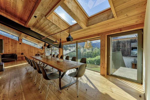 Dining room, Interior, Sun Room, Wooden Ceilings, Wood Texture Flooring, Wooden Walls