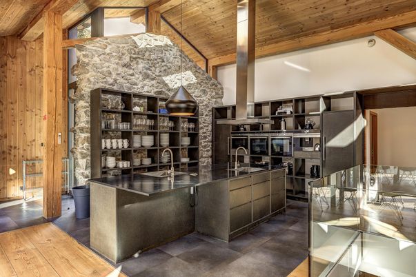Interior, Kitchen, Pendant Lights, Stainless Steel Appliances, Wooden Beams, Wooden Ceilings, Wood Texture Flooring