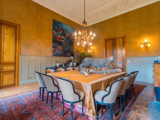 Chandelier, Dining room, Interior, Wood Texture Flooring