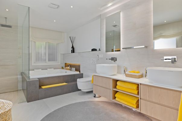 Bathroom, Dual Sink Vanities, Glass Shower, Interior, Recessed Lighting
