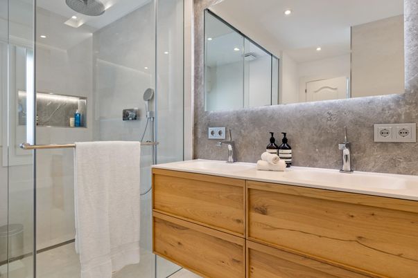 Bathroom, Glass Shower, Interior, Recessed Lighting