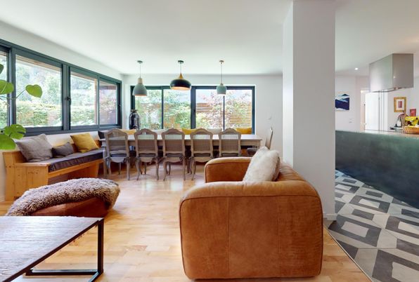 Dining room, Interior, Living room, Pendant Lights, Wood Texture Flooring