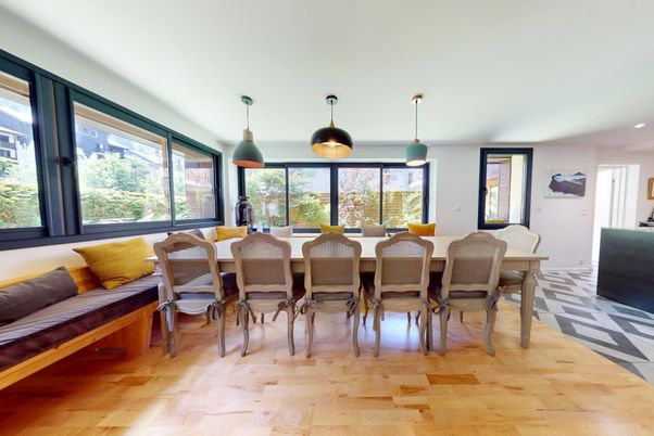 Dining room, Interior, Pendant Lights, Wood Texture Flooring