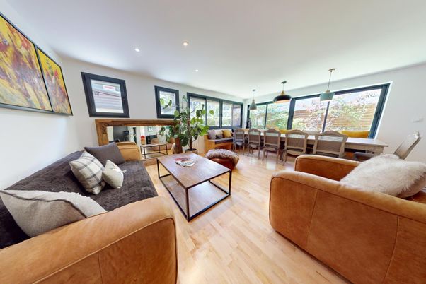 Dining room, Interior, Living room, Pendant Lights, Recessed Lighting, Wood Texture Flooring