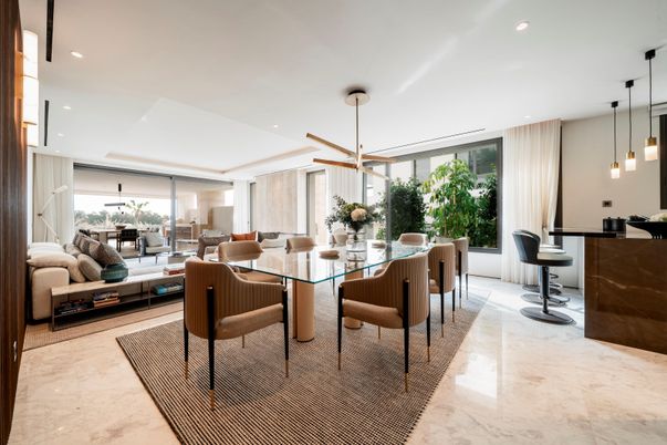 Dining room, Interior, Living room, Marble, Pendant Lights, Recessed Lighting