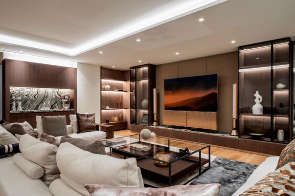 Interior, Living room, Recessed Lighting, Wood Texture Flooring