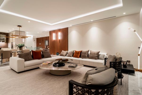 Dining room, Interior, Kitchen, Living room, Marble, Pendant Lights, Recessed Lighting