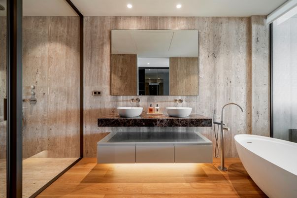 Bathroom, Dual Sink Vanities, Free Standing Baths, Interior, Recessed Lighting, Wood Texture Flooring