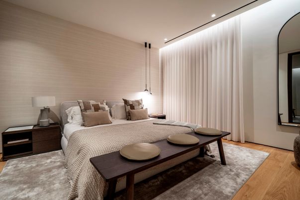 Bedroom, Interior, Pendant Lights, Recessed Lighting, Wood Texture Flooring