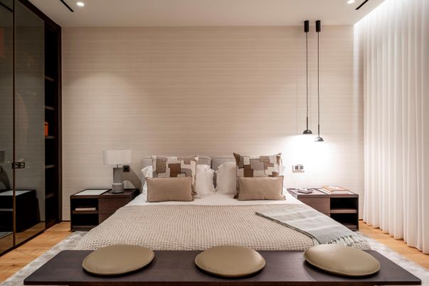 Bedroom, Interior, Pendant Lights, Recessed Lighting, Wood Texture Flooring