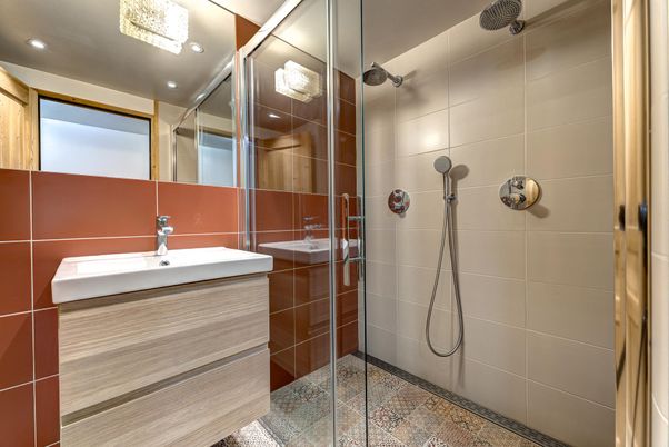 Bathroom, Glass Shower, Interior, Recessed Lighting