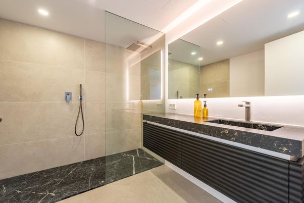 Bathroom, Glass Shower, Interior, Recessed Lighting