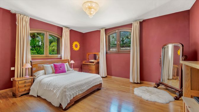 Bedroom, Chandelier, Interior, Wood Texture Flooring