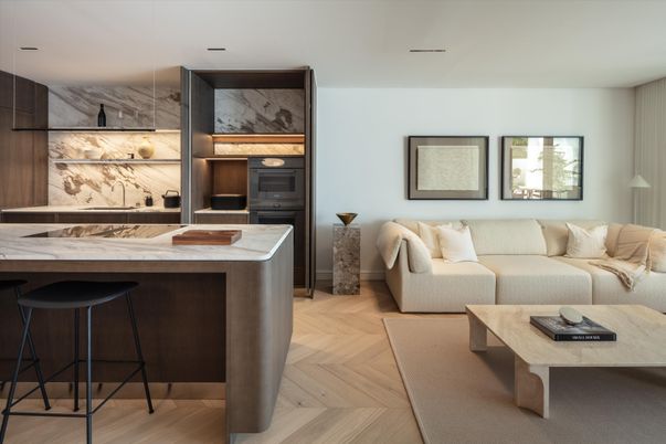 Interior, Kitchen, Living room, Marble Walls, Wood Texture Flooring