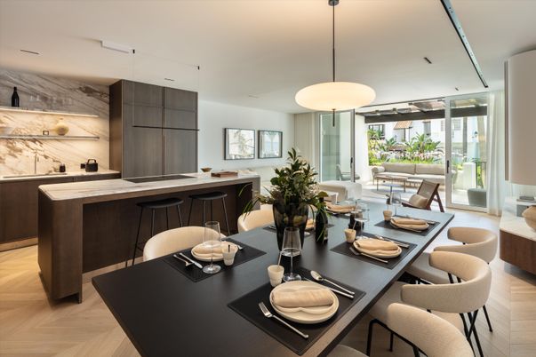 Dining room, Interior, Kitchen, Pendant Lights, Wood Texture Flooring