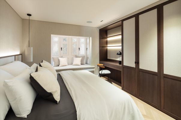 Bedroom, Interior, Pendant Lights, Wood Texture Flooring
