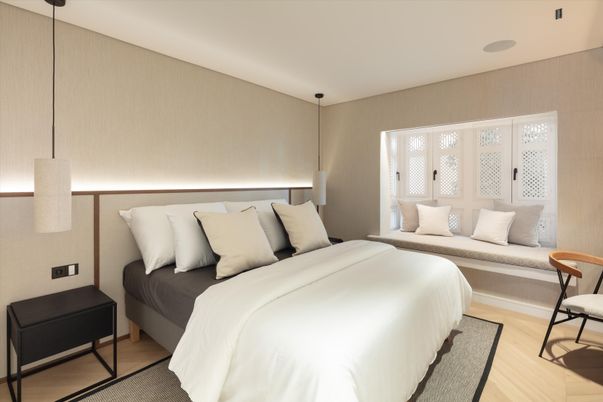 Bedroom, Interior, Pendant Lights, Wood Texture Flooring