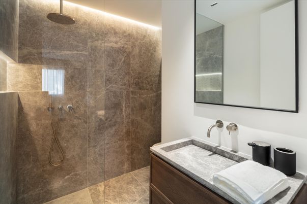 Bathroom, Glass Shower, Interior, Recessed Lighting