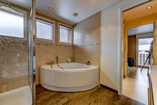 Bathroom, Glass Shower, Interior, Recessed Lighting, Wood Texture Flooring