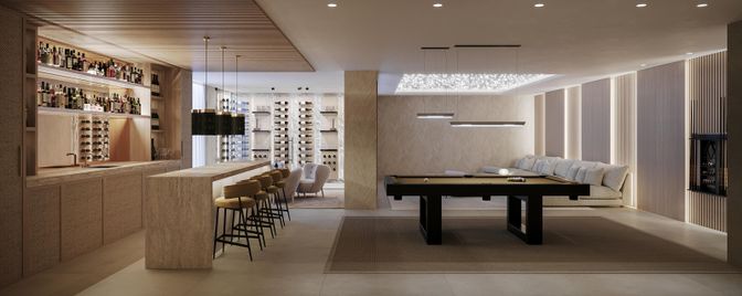 Billiard Table, Game Room, Interior, Pendant Lights, Recessed Lighting, Wine Storage