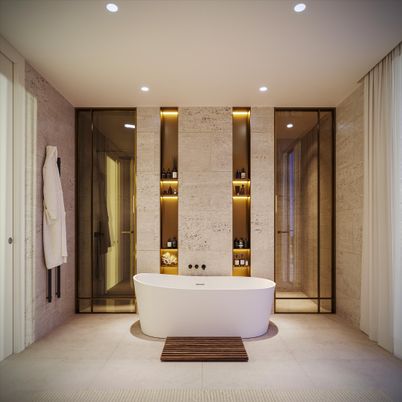 Bathroom, Free Standing Baths, Glass Shower, Interior, Recessed Lighting