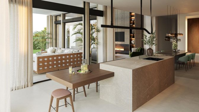Dining room, Fireplace, Interior, Pendant Lights