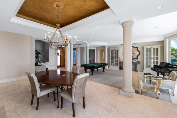Billiard Table, Chandelier, Dining room, Game Room, Interior, Piano, Recessed Lighting