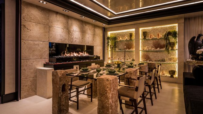 Dining room, Fireplace, Interior, Recessed Lighting, Stone Walls