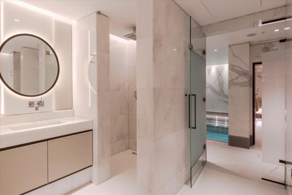 Bathroom, Glass Shower, Interior, Marble, Marble Walls, Recessed Lighting