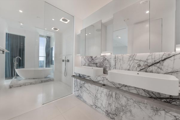 Bathroom, Free Standing Baths, Interior, Marble, Marble Walls, Recessed Lighting