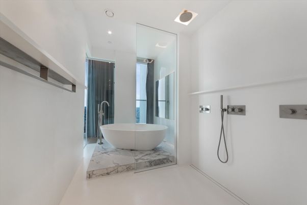 Bathroom, Free Standing Baths, Interior, Marble, Recessed Lighting