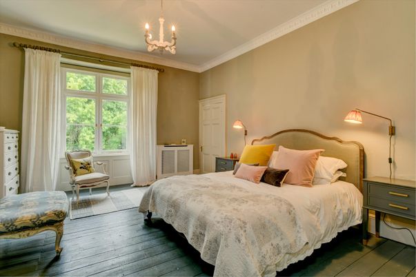 Bedroom, Chandelier, Interior, Wood Texture Flooring