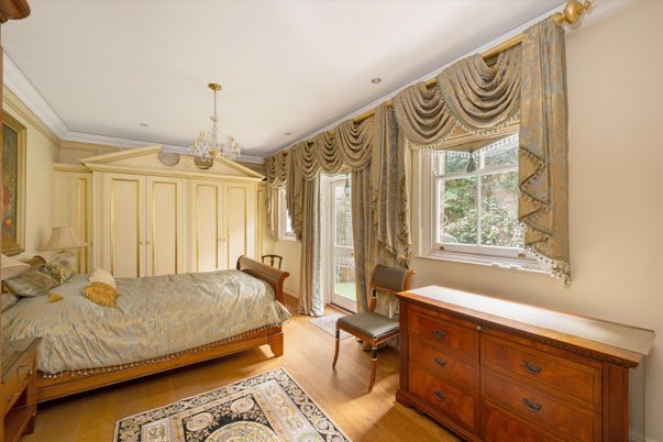 Bedroom, Chandelier, Interior, Recessed Lighting, Wood Texture Flooring