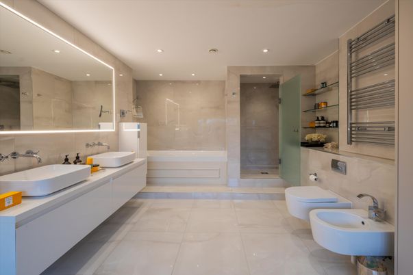 Bathroom, Dual Sink Vanities, Glass Shower, Interior, Recessed Lighting